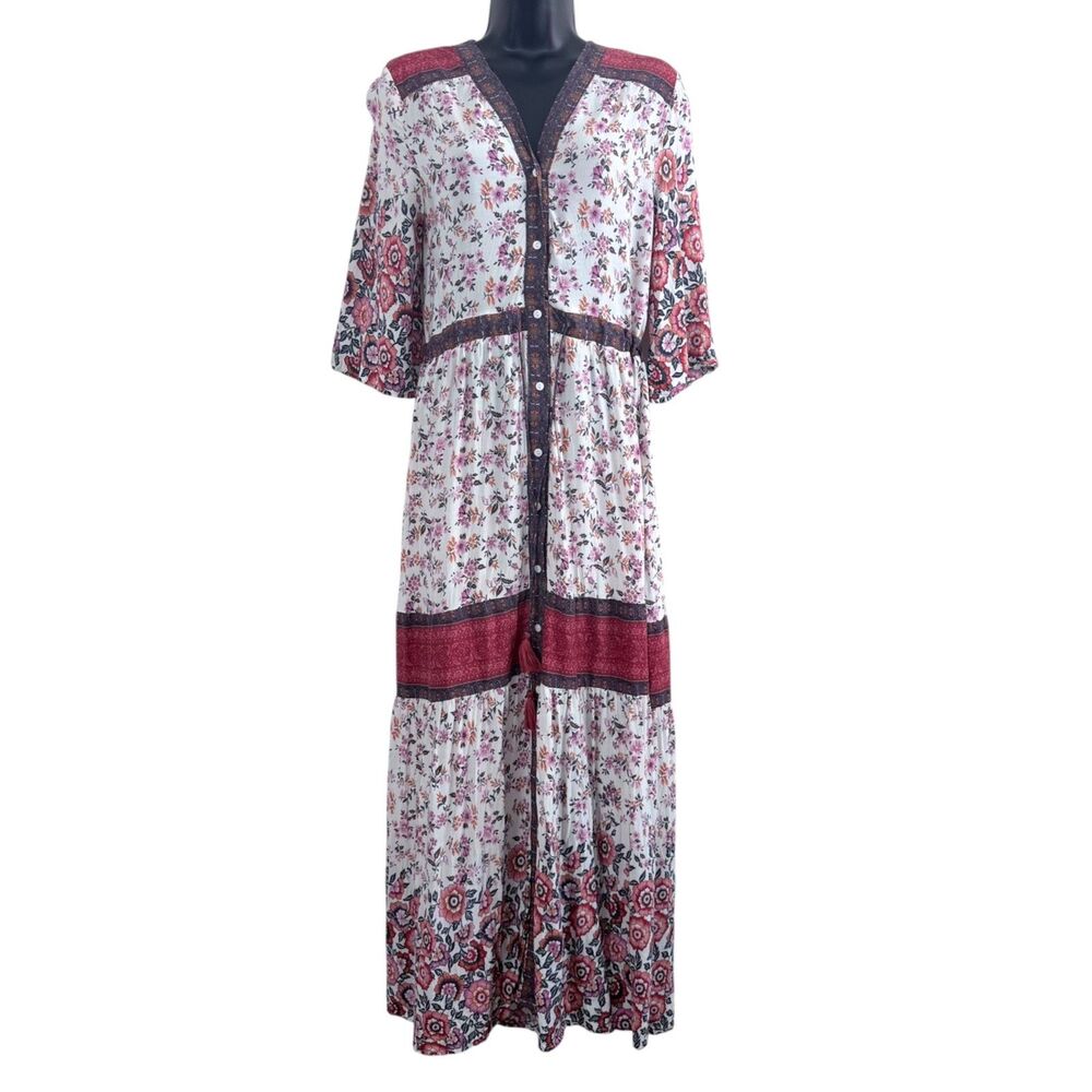 free people fp to love floral maxi button bohemian white, rose women's dress L